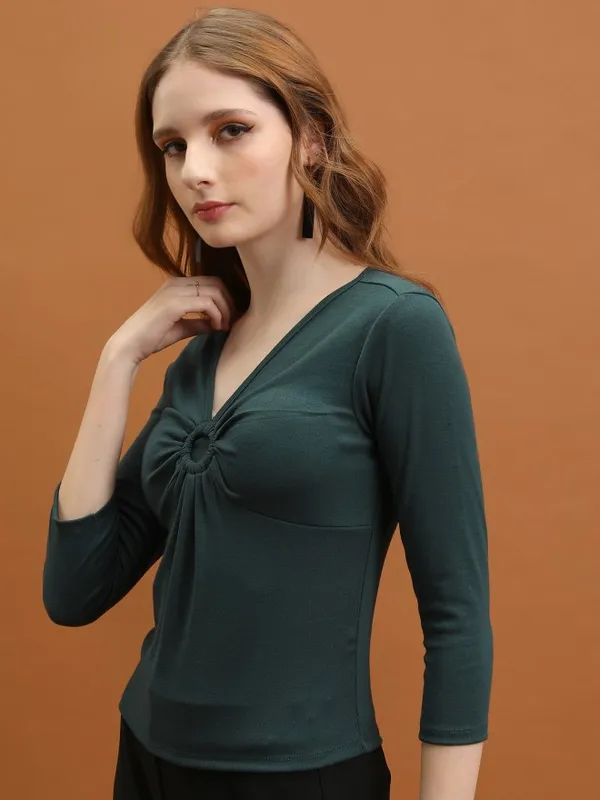 Tokyo Talkies Women Green Solid Fitted Top