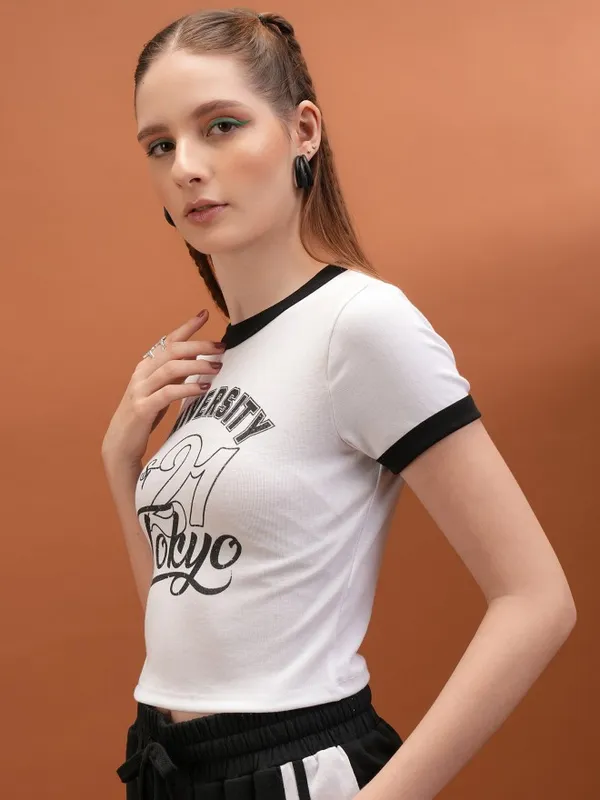  Tokyo Talkies Women White Printed Fitted Tops
