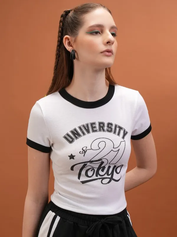  Tokyo Talkies Women White Printed Fitted Tops