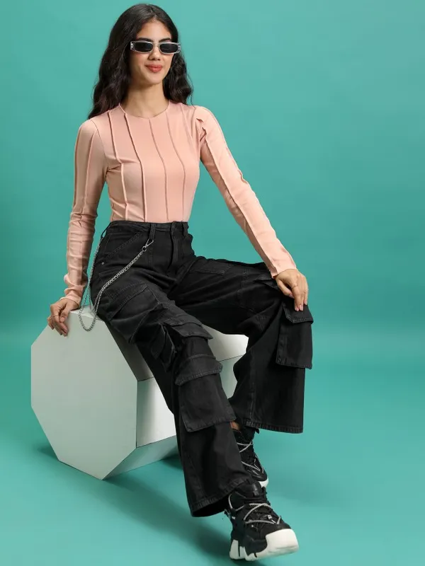  Tokyo Talkies Women Peach Solid Regular Tops