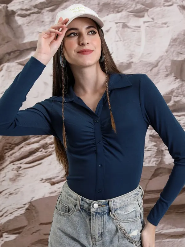  Tokyo Talkies Women Blue Solid Shirt Style Tops