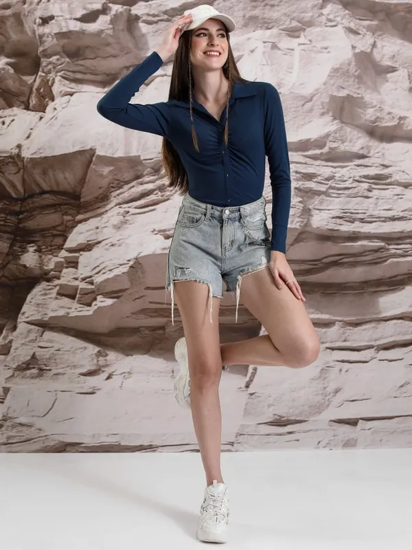  Tokyo Talkies Women Blue Solid Shirt Style Tops