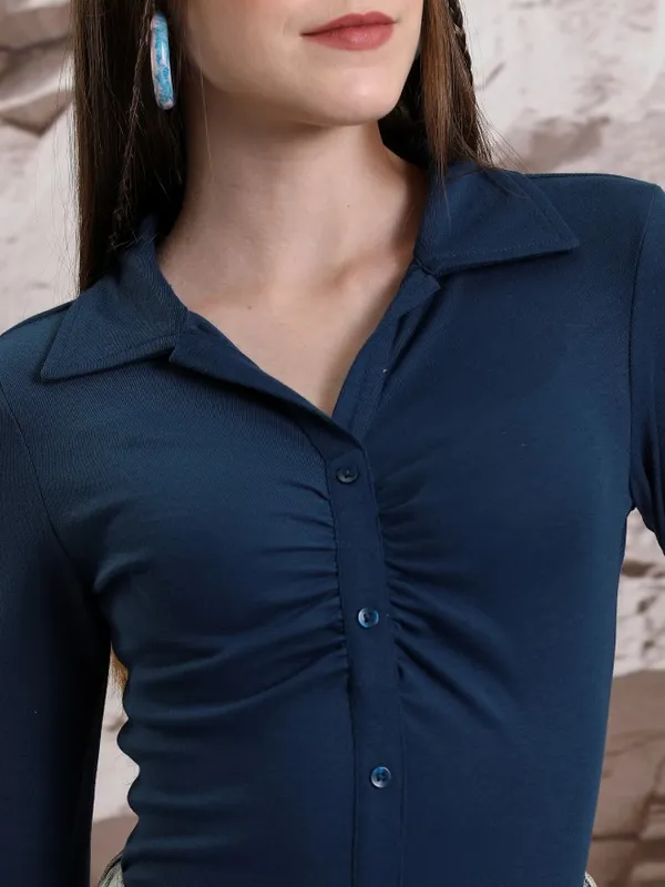  Tokyo Talkies Women Blue Solid Shirt Style Tops