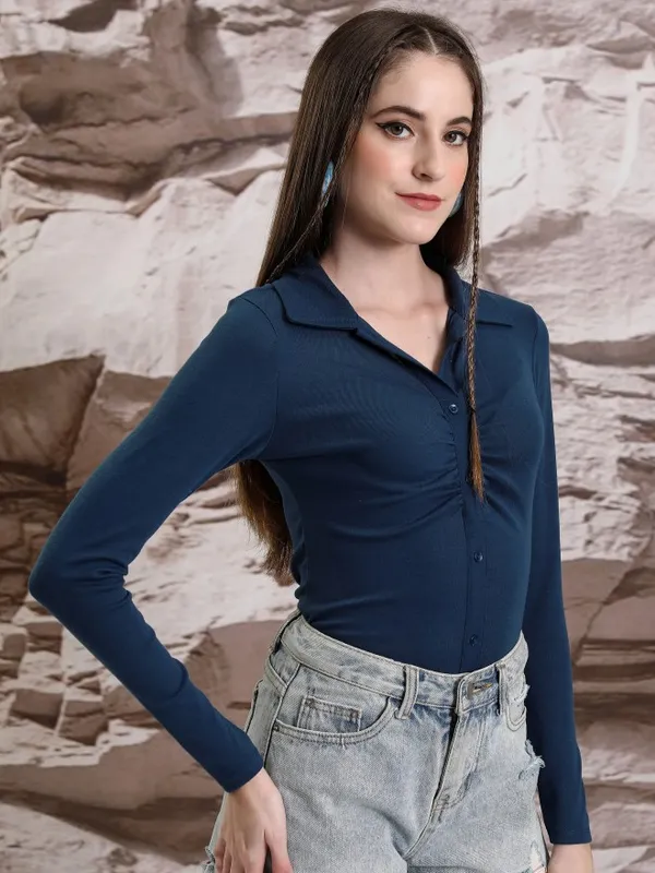  Tokyo Talkies Women Blue Solid Shirt Style Tops