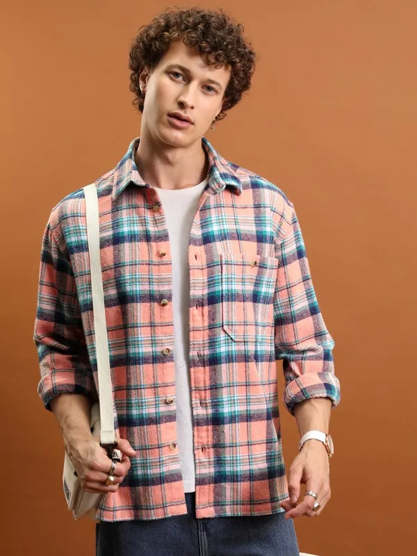  Highlander Men Peach Checked Oversized Fit Casual Shirts