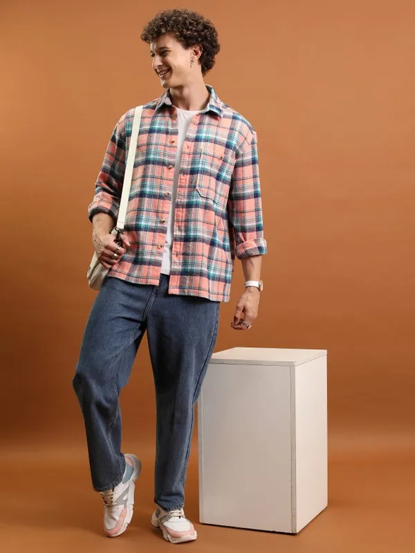  Highlander Men Peach Checked Oversized Fit Casual Shirts