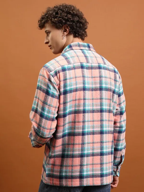  Highlander Men Peach Checked Oversized Fit Casual Shirts