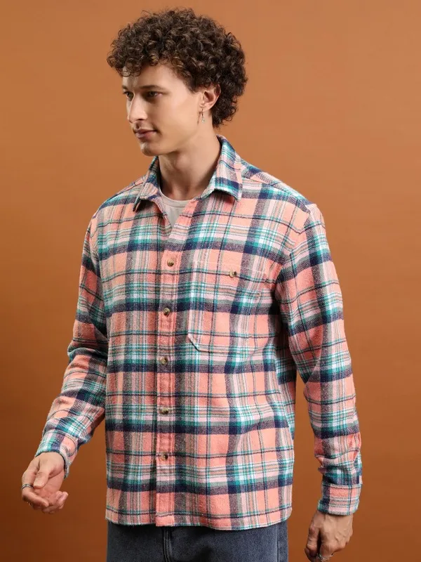  Highlander Men Peach Checked Oversized Fit Casual Shirts