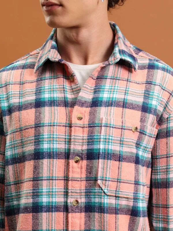  Highlander Men Peach Checked Oversized Fit Casual Shirts