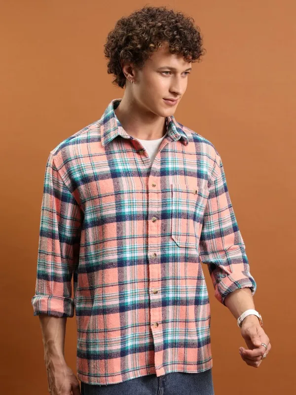  Highlander Men Peach Checked Oversized Fit Casual Shirts
