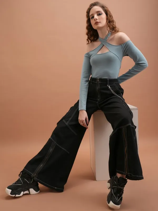  Tokyo Talkies Women Blue Solid Fitted Tops