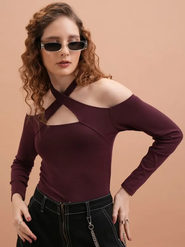  Tokyo Talkies Women Burgundy Solid Fitted Tops