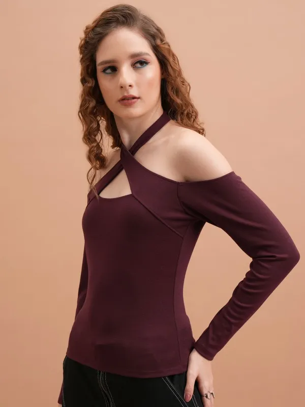  Tokyo Talkies Women Burgundy Solid Fitted Tops