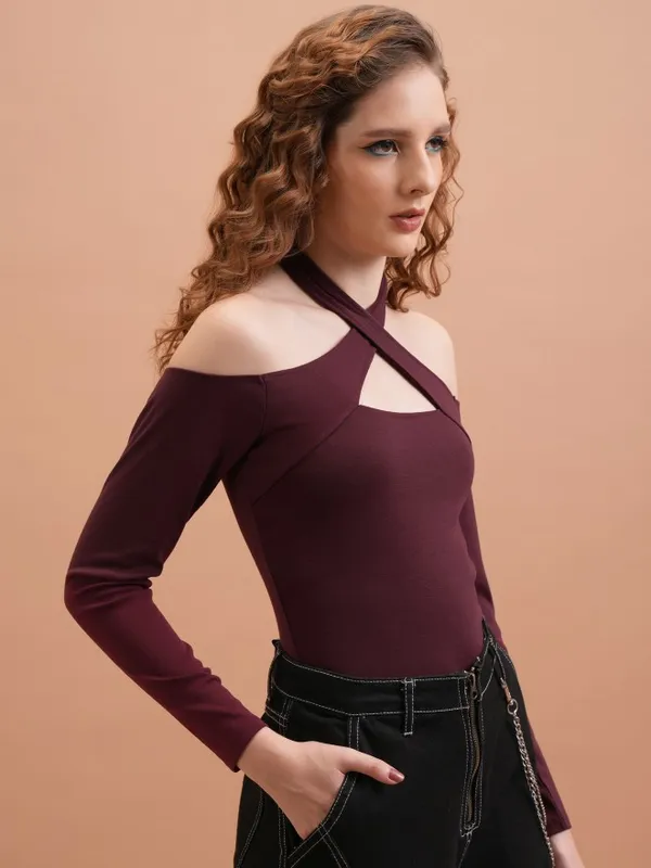  Tokyo Talkies Women Burgundy Solid Fitted Tops