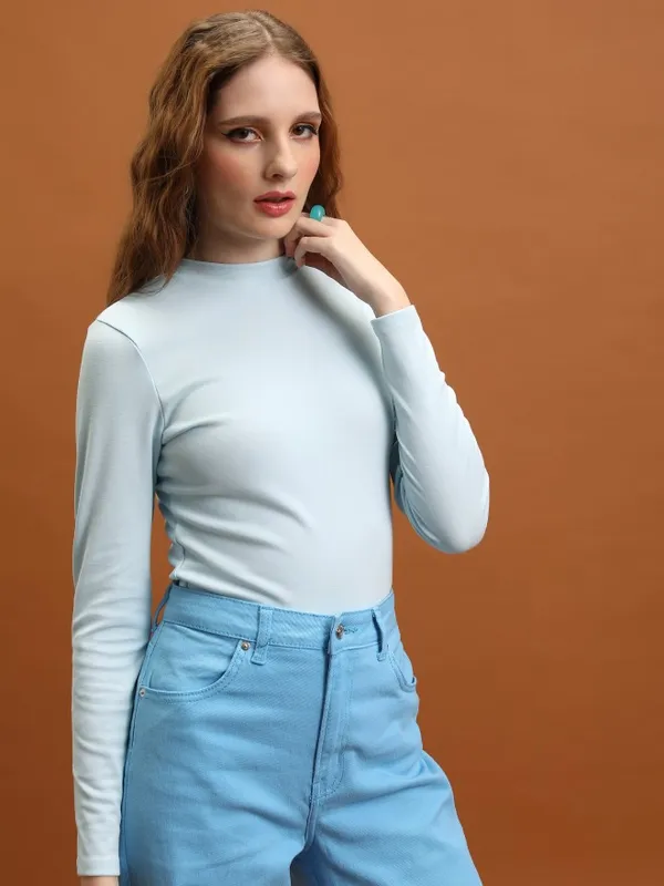 Tokyo Talkies Women Blue Solid Fitted Top