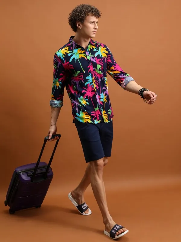  Ketch Men Navy Blue Printed Slim Fit Casual Shirts