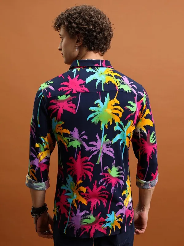  Ketch Men Navy Blue Printed Slim Fit Casual Shirts