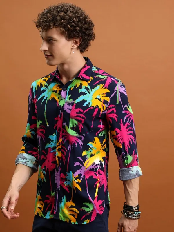  Ketch Men Navy Blue Printed Slim Fit Casual Shirts