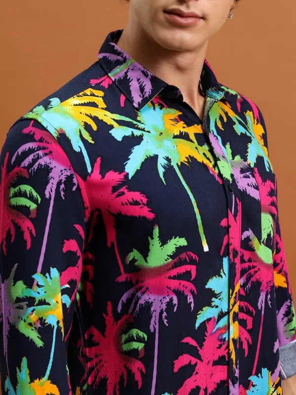  Ketch Men Navy Blue Printed Slim Fit Casual Shirts