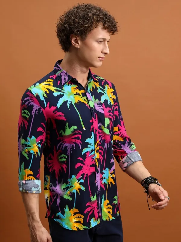  Ketch Men Navy Blue Printed Slim Fit Casual Shirts