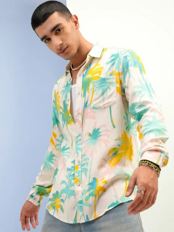  Ketch Men Cream Printed Slim Fit Casual Shirts