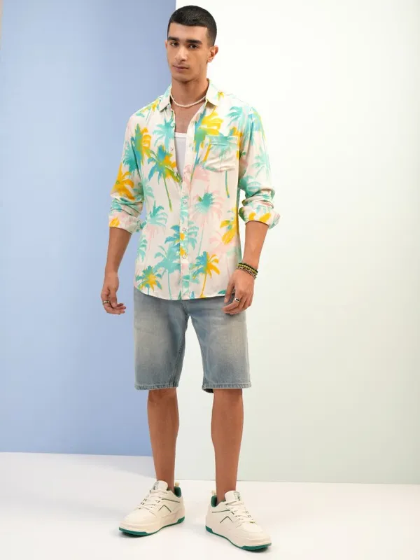  Ketch Men Cream Printed Slim Fit Casual Shirts