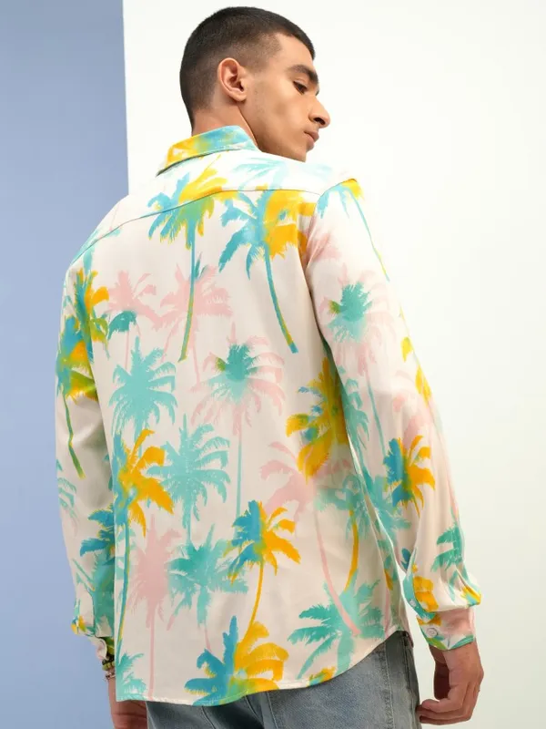  Ketch Men Cream Printed Slim Fit Casual Shirts