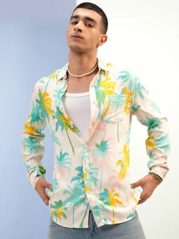  Ketch Men Cream Printed Slim Fit Casual Shirts