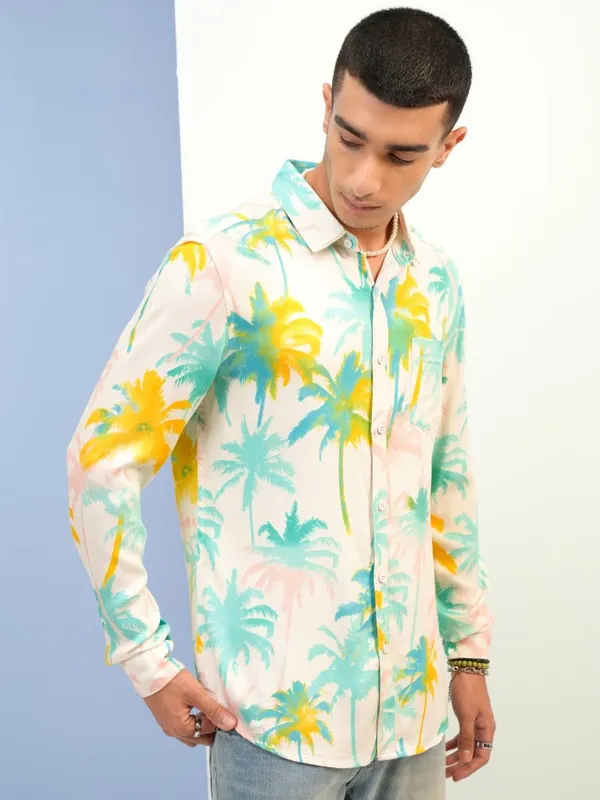  Ketch Men Cream Printed Slim Fit Casual Shirts