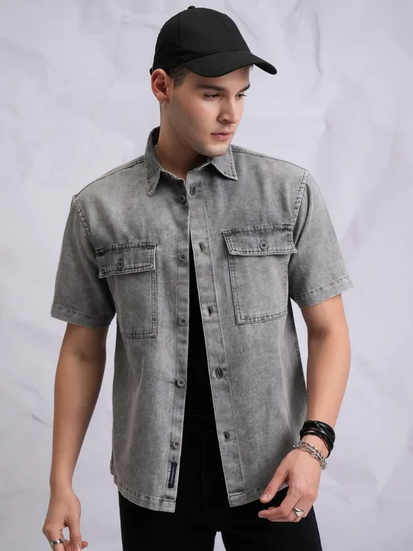 Highlander Men Grey Faded Oversized Fit Casual Shirts