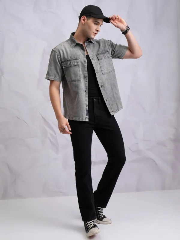 Highlander Men Grey Faded Oversized Fit Casual Shirts