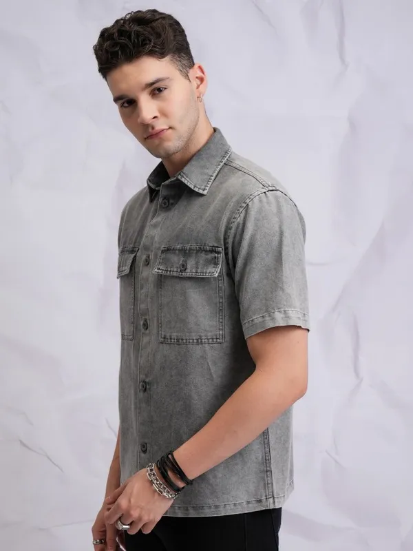 Highlander Men Grey Faded Oversized Fit Casual Shirts