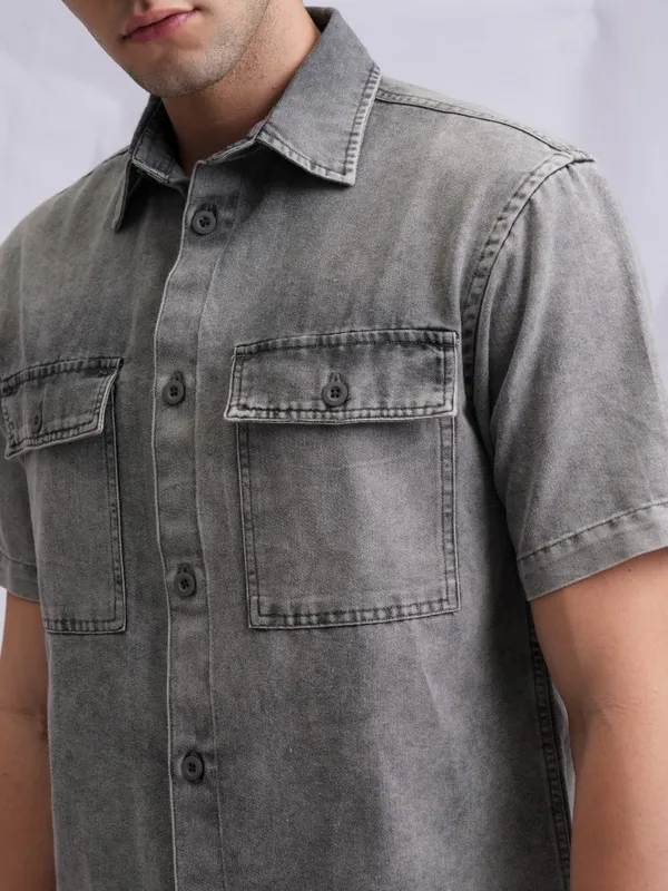 Highlander Men Grey Faded Oversized Fit Casual Shirts
