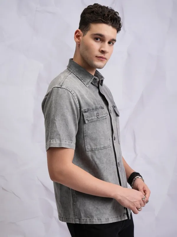 Highlander Men Grey Faded Oversized Fit Casual Shirts