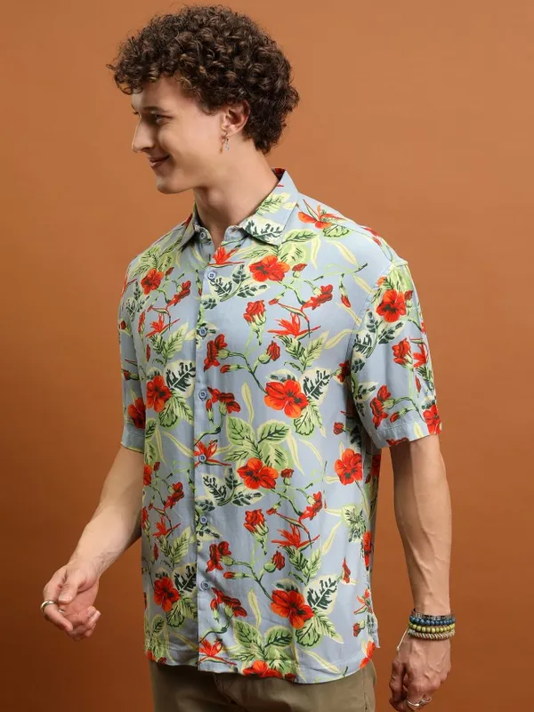  Ketch Men Grey Printed Oversized Fit Casual Shirts