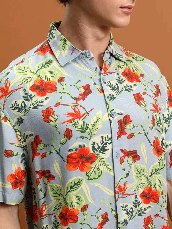  Ketch Men Grey Printed Oversized Fit Casual Shirts