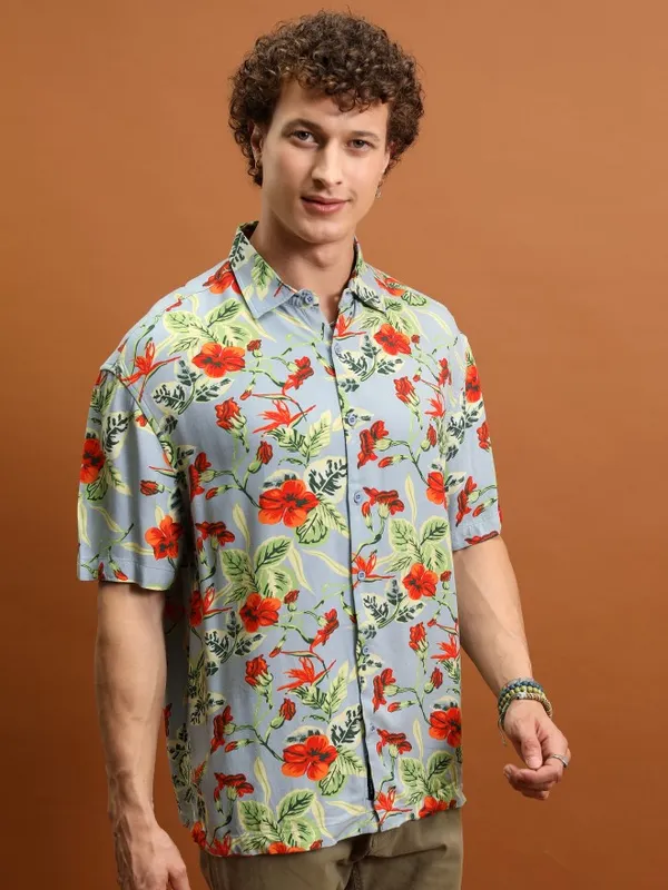  Ketch Men Grey Printed Oversized Fit Casual Shirts