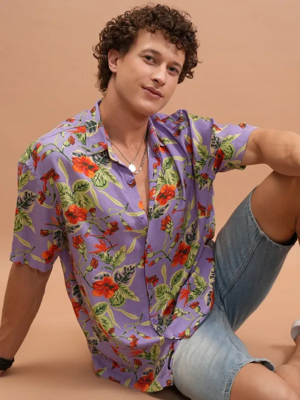  Ketch Men Lavender Printed Oversized Fit Casual Shirts
