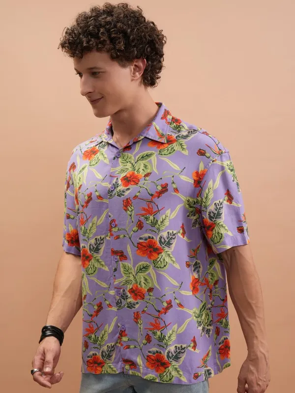  Ketch Men Lavender Printed Oversized Fit Casual Shirts
