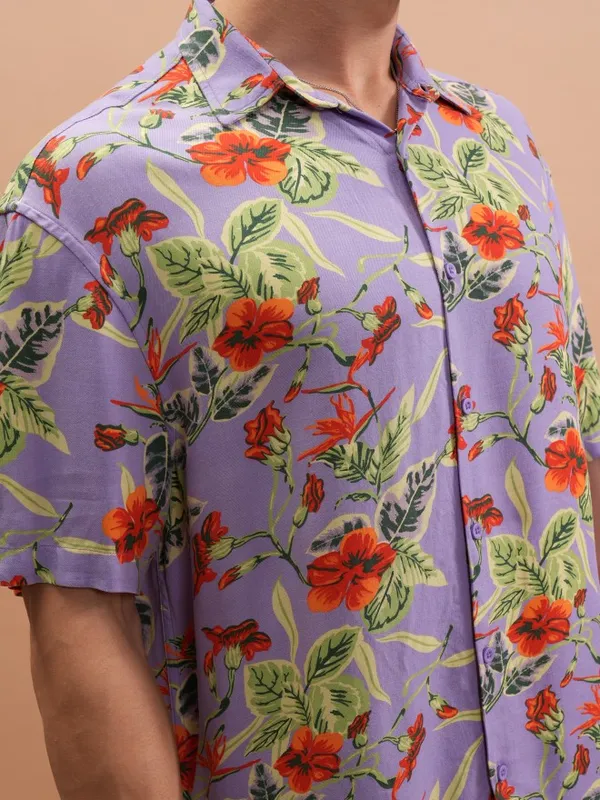  Ketch Men Lavender Printed Oversized Fit Casual Shirts