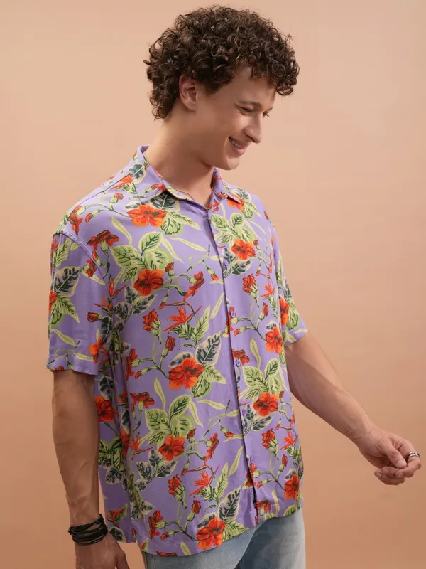  Ketch Men Lavender Printed Oversized Fit Casual Shirts