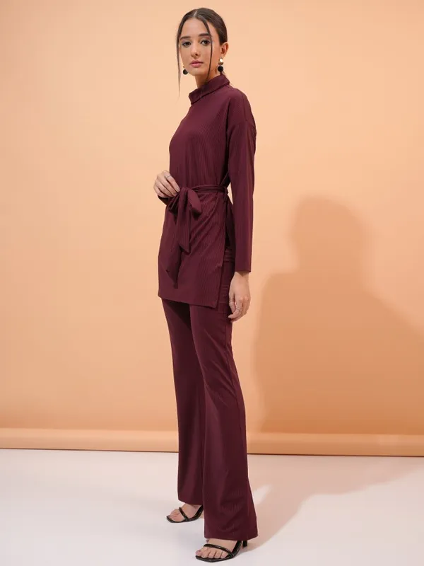 Tokyo Talkies Women Burgundy Top With Trouser Co-Ords