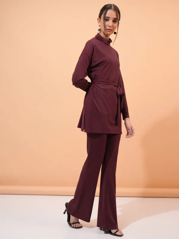 Tokyo Talkies Women Burgundy Top With Trouser Co-Ords