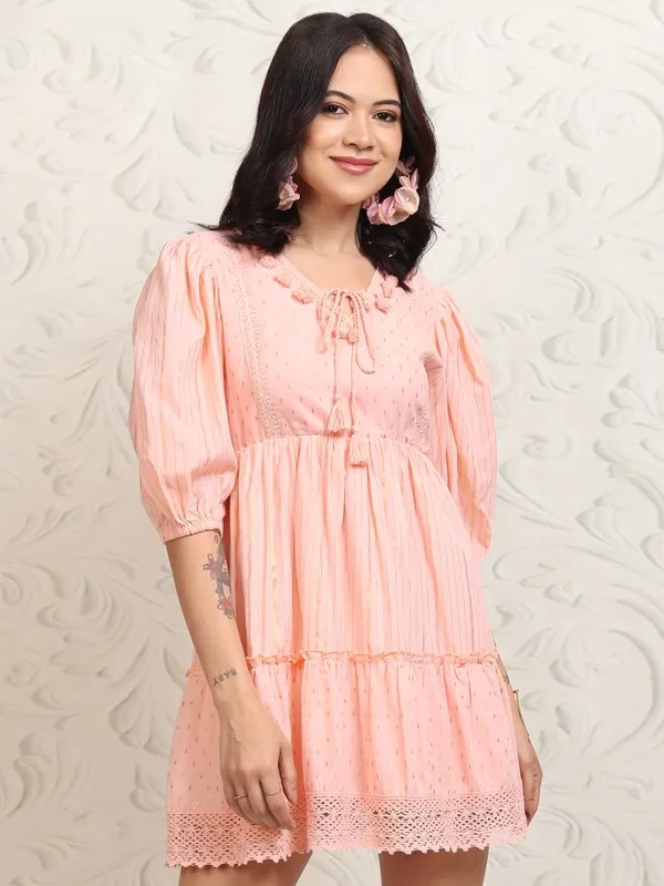 Vishudh Women Peach Self Design Fit and Flare Dress