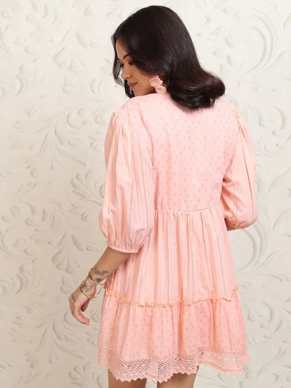 Vishudh Women Peach Self Design Fit and Flare Dress
