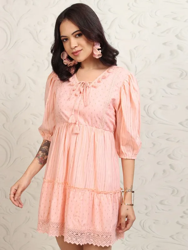 Vishudh Women Peach Self Design Fit and Flare Dress