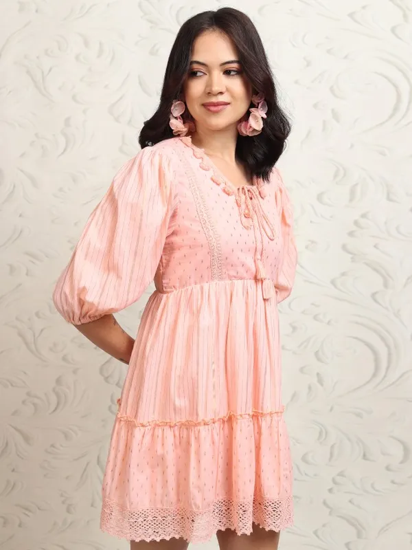 Vishudh Women Peach Self Design Fit and Flare Dress