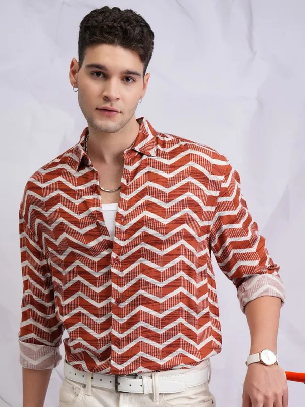  Highlander Men Terracotta Printed Oversized Fit Casual Shirts