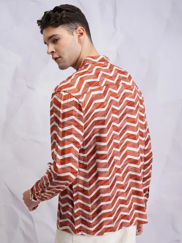  Highlander Men Terracotta Printed Oversized Fit Casual Shirts