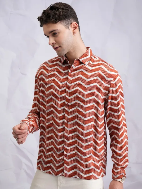  Highlander Men Terracotta Printed Oversized Fit Casual Shirts